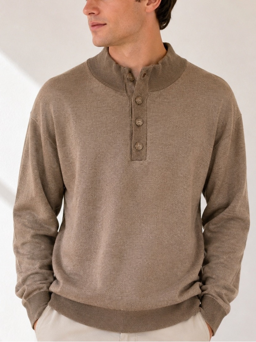 Peter Millar Brown Birdseye Wool Button Mock Henley Sweater Men’s XL